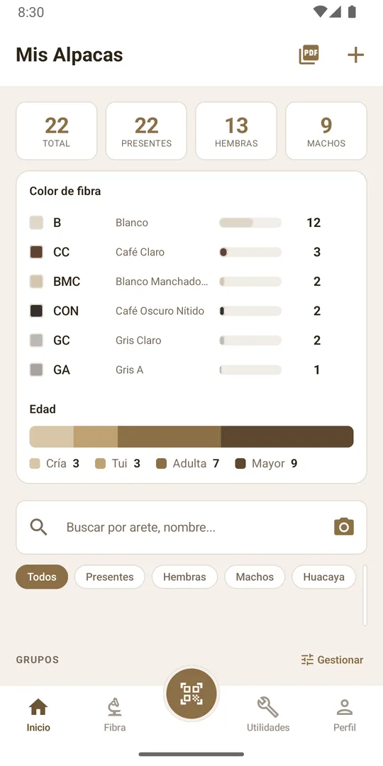 Resumen del rebaño: total de alpacas, colores de fibra y edades
