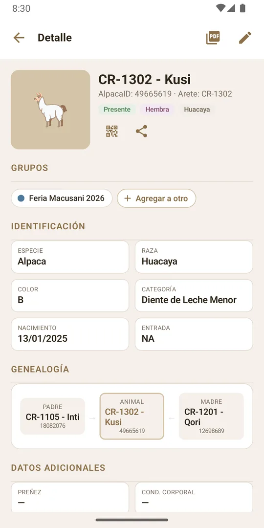 Ficha de una alpaca con su genealogía y datos