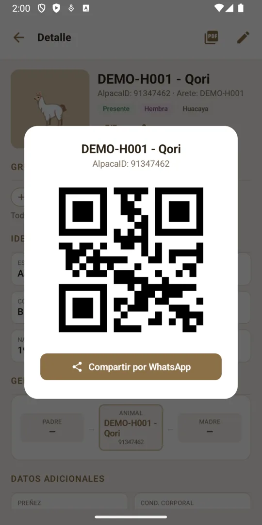 Código QR de la alpaca para compartir su identificación